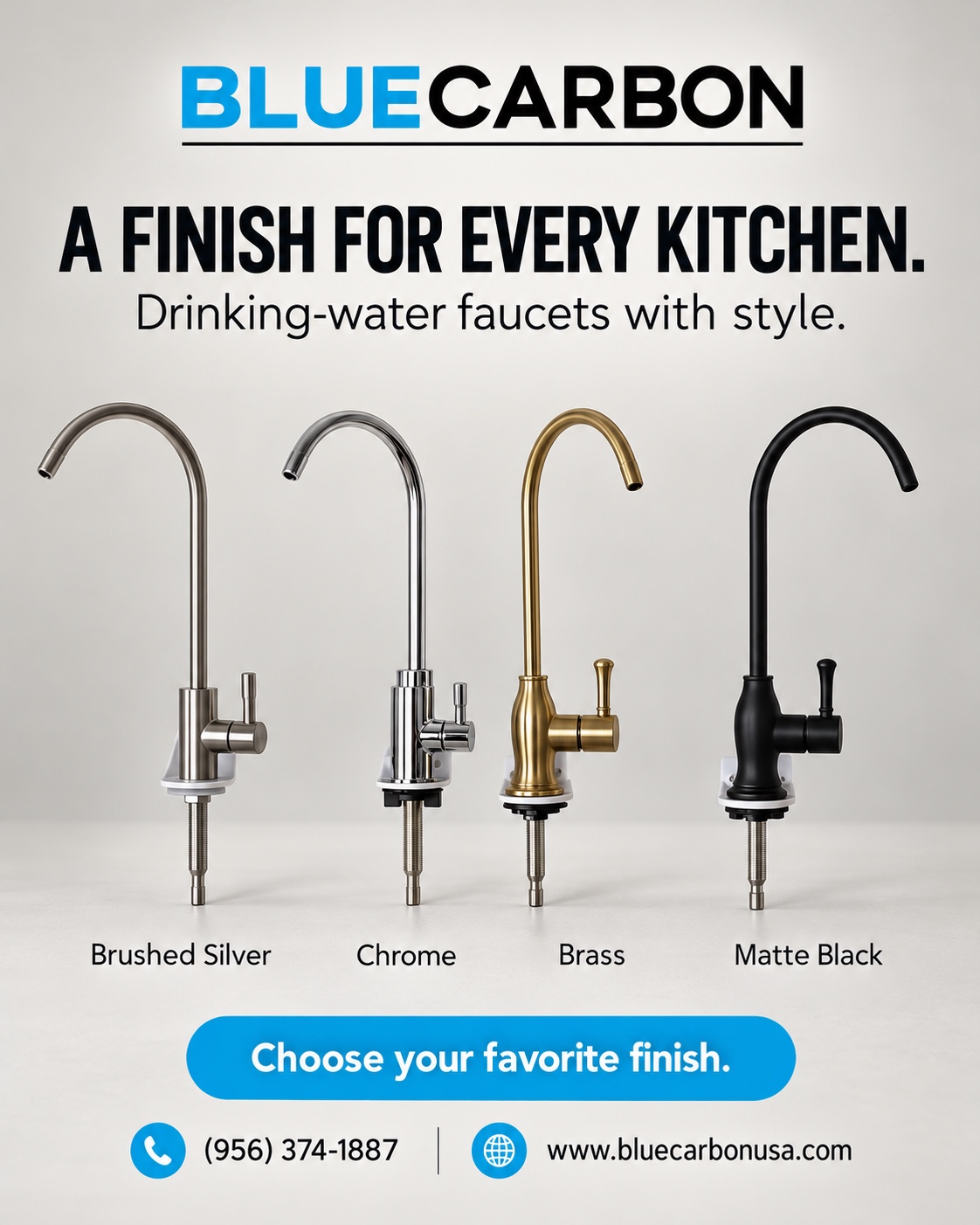 BLUECARBON drinking-water faucets in brushed silver, chrome, brass, and matte black